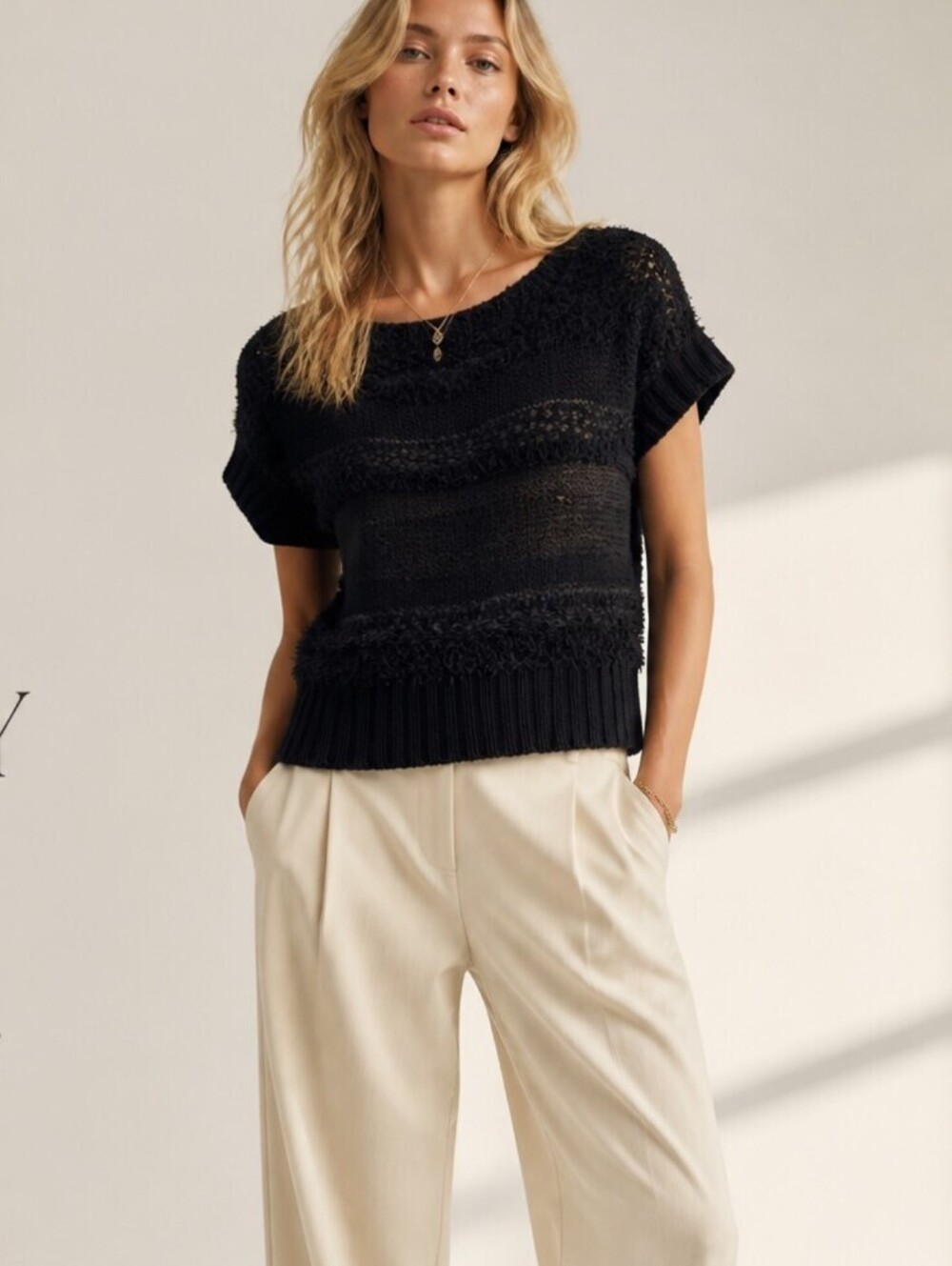 Free People Sweater M Black Eyelash Knit Crochet Slouchy Boho Short Sleeve